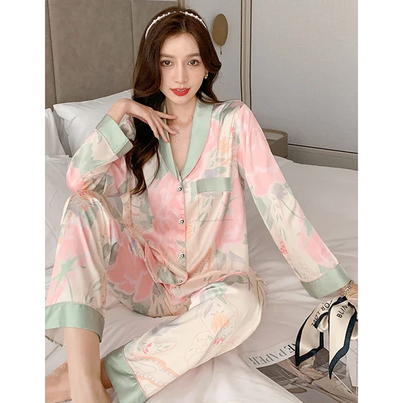 Spring Summer Faux Silk Pajamas for Women Lapel Cardigan Lounge Sets Womens 2 Piece Sweet Floral Home Wear Soft Sleepwear Pjs