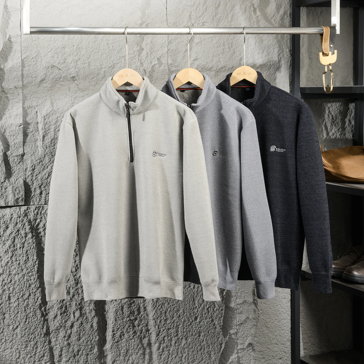 High-End Quality Men's Business Casual Fleece-Lined Half-Zip Stand Collar Sweater Hoodie Polyester Fiber Long Sleeve Knittedwear
