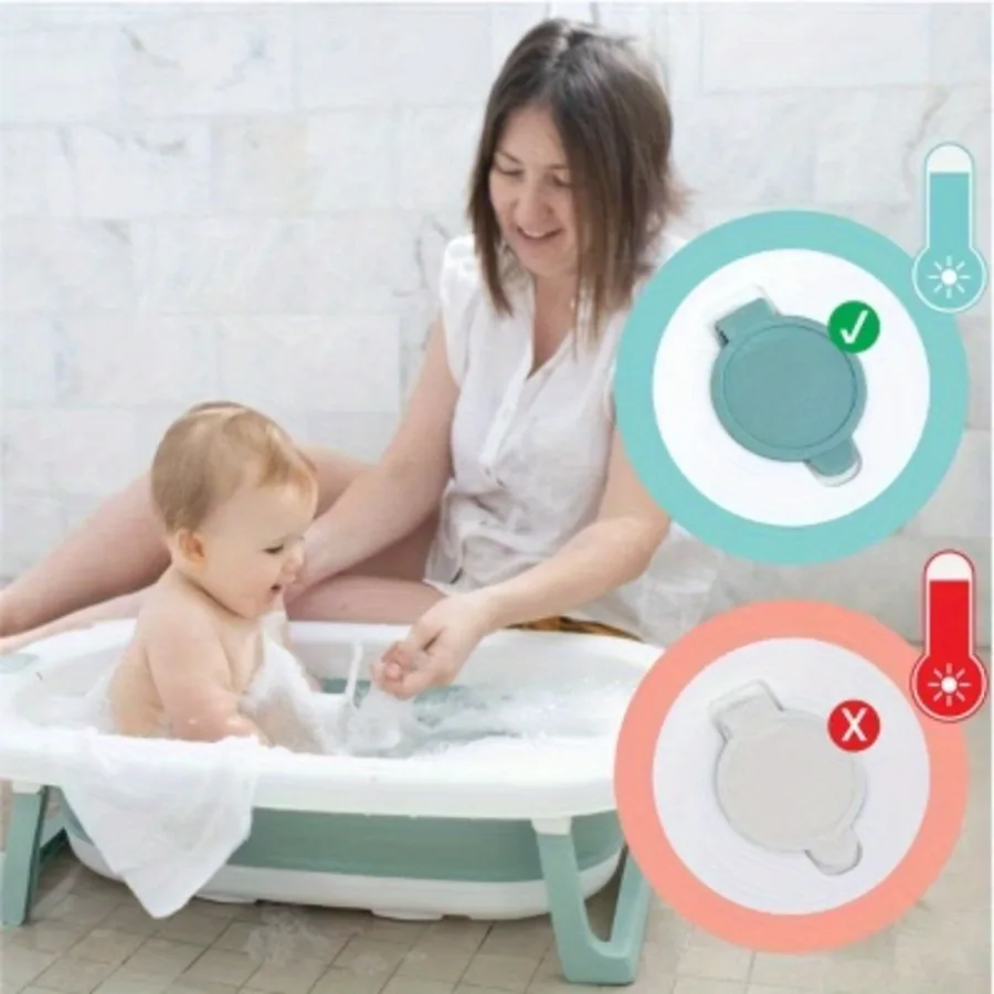 حوض استحمام للأطفال قابل للطي، قابل للتعليق، محمول، غير قابل للانزلاق، مناسب للمساحات الصغيرة مع تحذير لميزان الحرارة