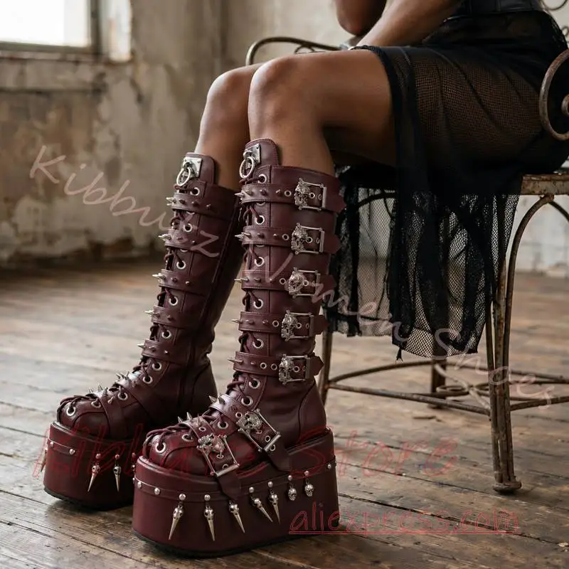 Platform Boot Knee High Rivet Skull Spike Women Chunky Sole Knee High Punk Goth Punk Motorcycle Cosplay Shoes Leather Fashion
