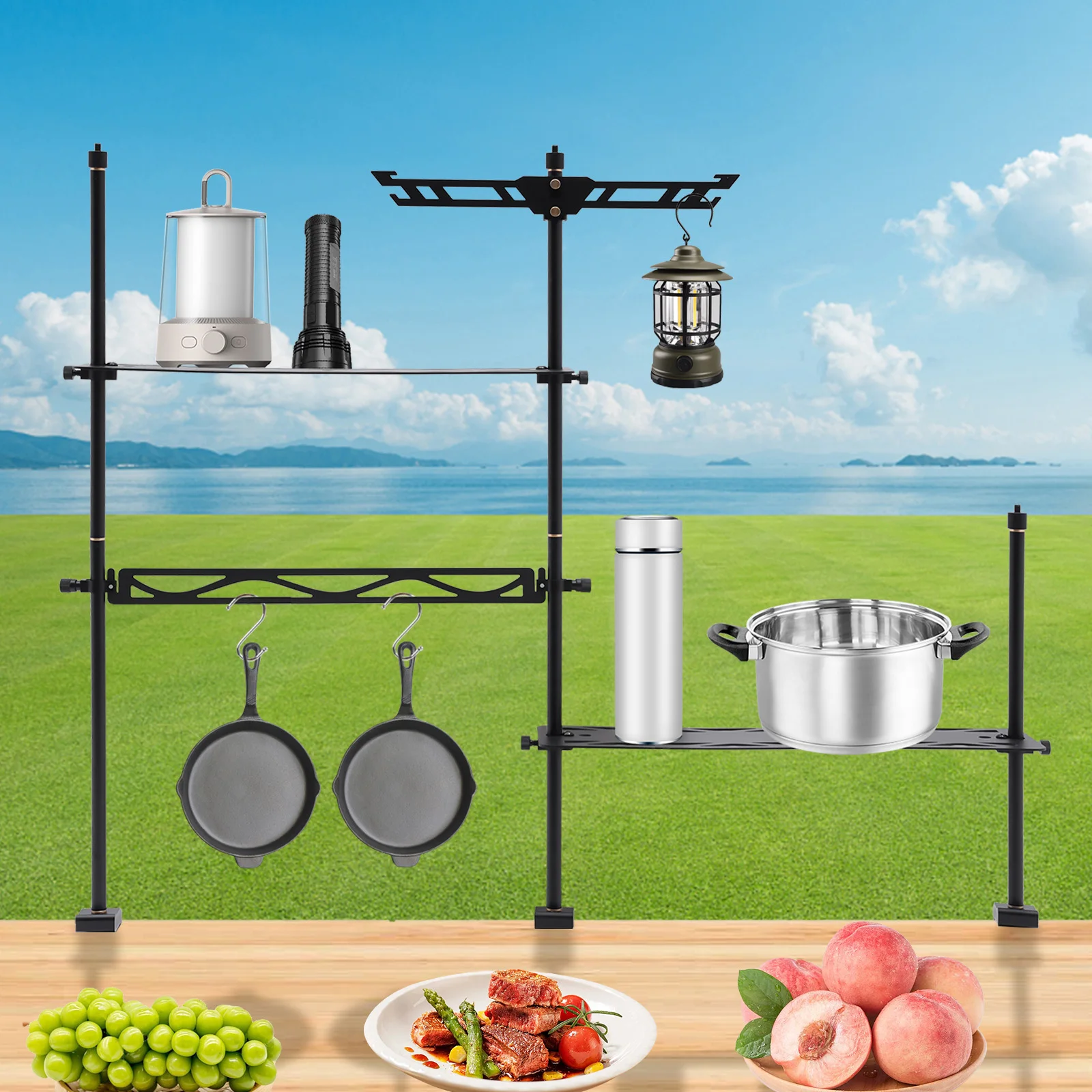 Cookware Hanging Rack Picnic Storager Multifunctional Camping Rack Holder Aluminum Alloy Hanging Rack Outdoor Picnic Camping