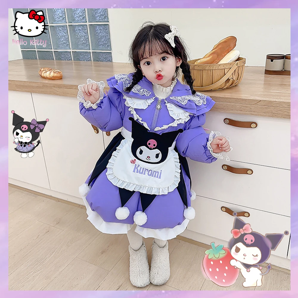 

Kuromi Anime Sanrioed New Winter Girls Lolita Down Clothes High-Quality Hooded Cotton Padded Jacket Kawaii Warm Kids Outerwear