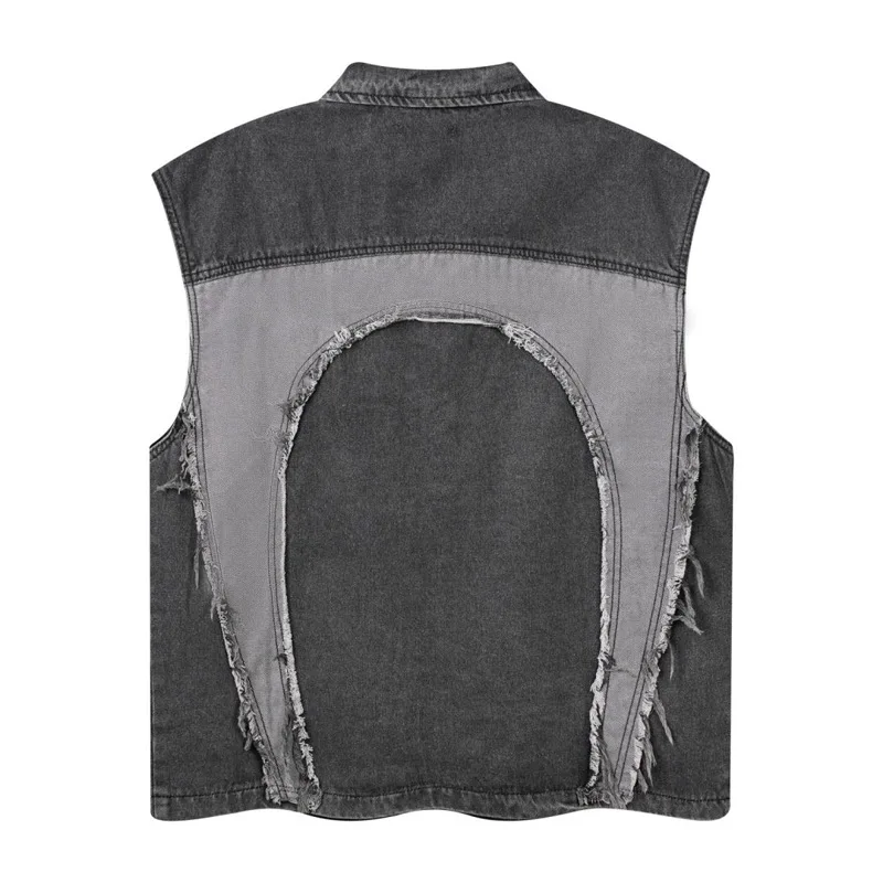 European and American mens Lapel Sleeveless Denim Jacket Cropped Baggy Vintage Washed Jean Vests Raw Edges Oversized Y2k