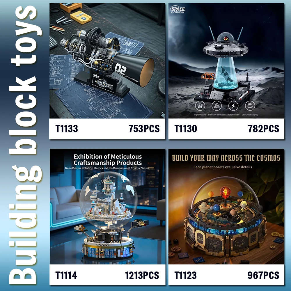 ensemble-de-blocs-de-construction-moc-d'exploration-spatiale-multi-styles-sphere-de-cristal-forteresse-systeme-solaire-boite-a-musique-ovni-vaisseau-spatial-moteur-quantique
