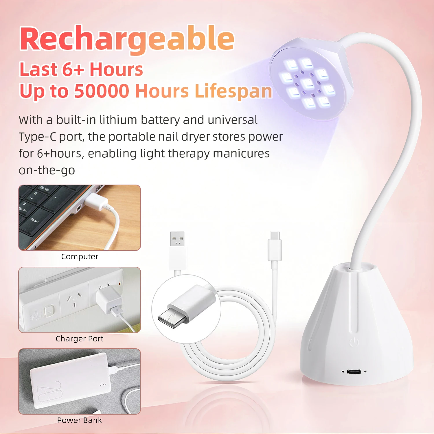 โคมไฟเล็บยูวีแอลอีดีแบบมืออาชีพ, โคมไฟอบเล็บแบบชาร์จไฟได้, โคมไฟเล็บปรับมุมได้, เหมาะสำหรับอุปกรณ์ร้านทำเล็บ