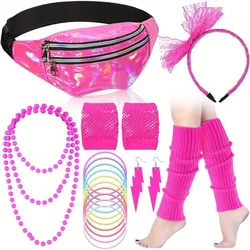 19pcs 80s Costume Accessories Holographic Fanny Pack Leg Warmers Lace Headband Earrings Gloves Necklace Bracelet