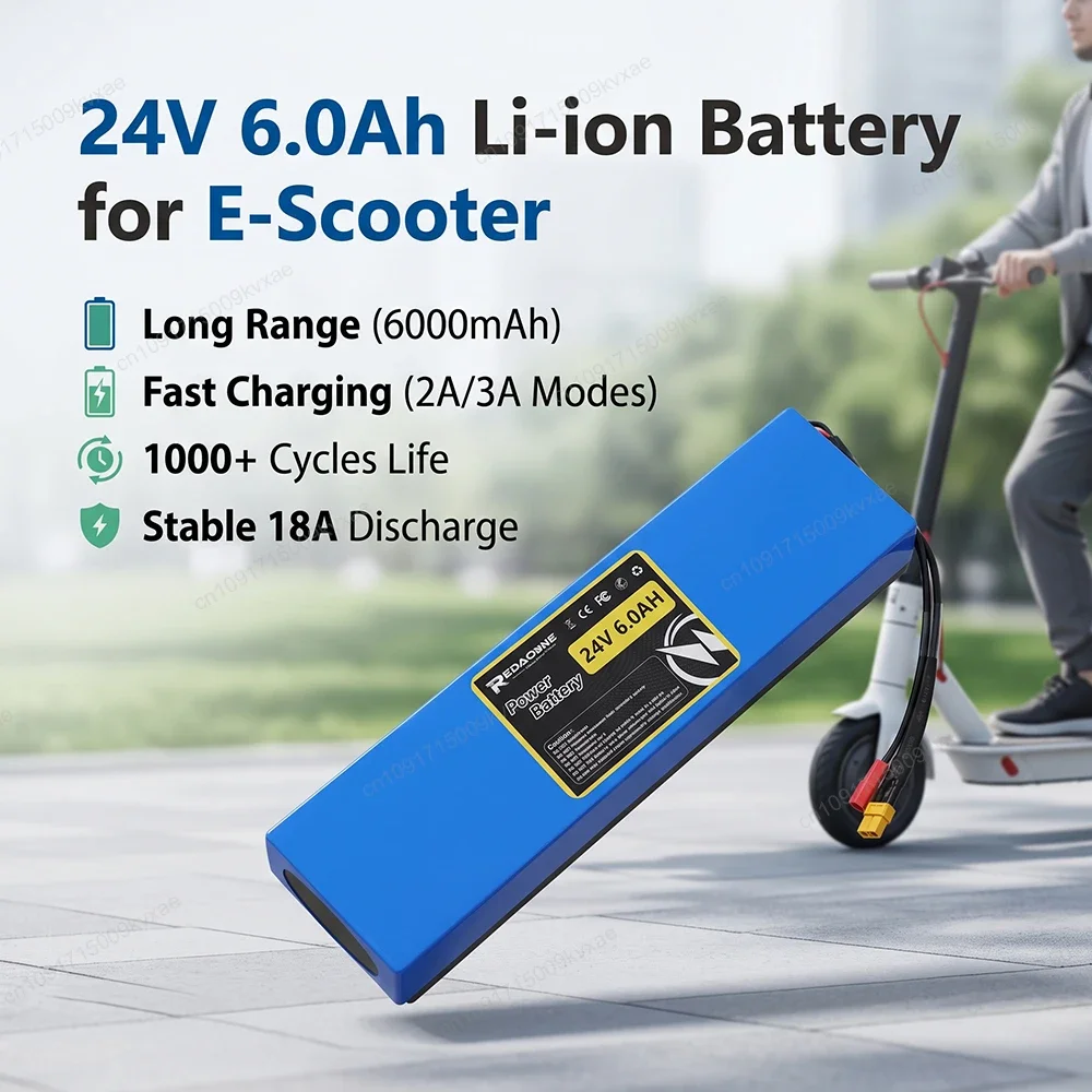 7S2P 24V 6.0Ah 18650 Li-ion Battery Pack 144Wh with Smart BMS for Electric Scooter Foldable E-Bike 29.4V Fast Charge Battery