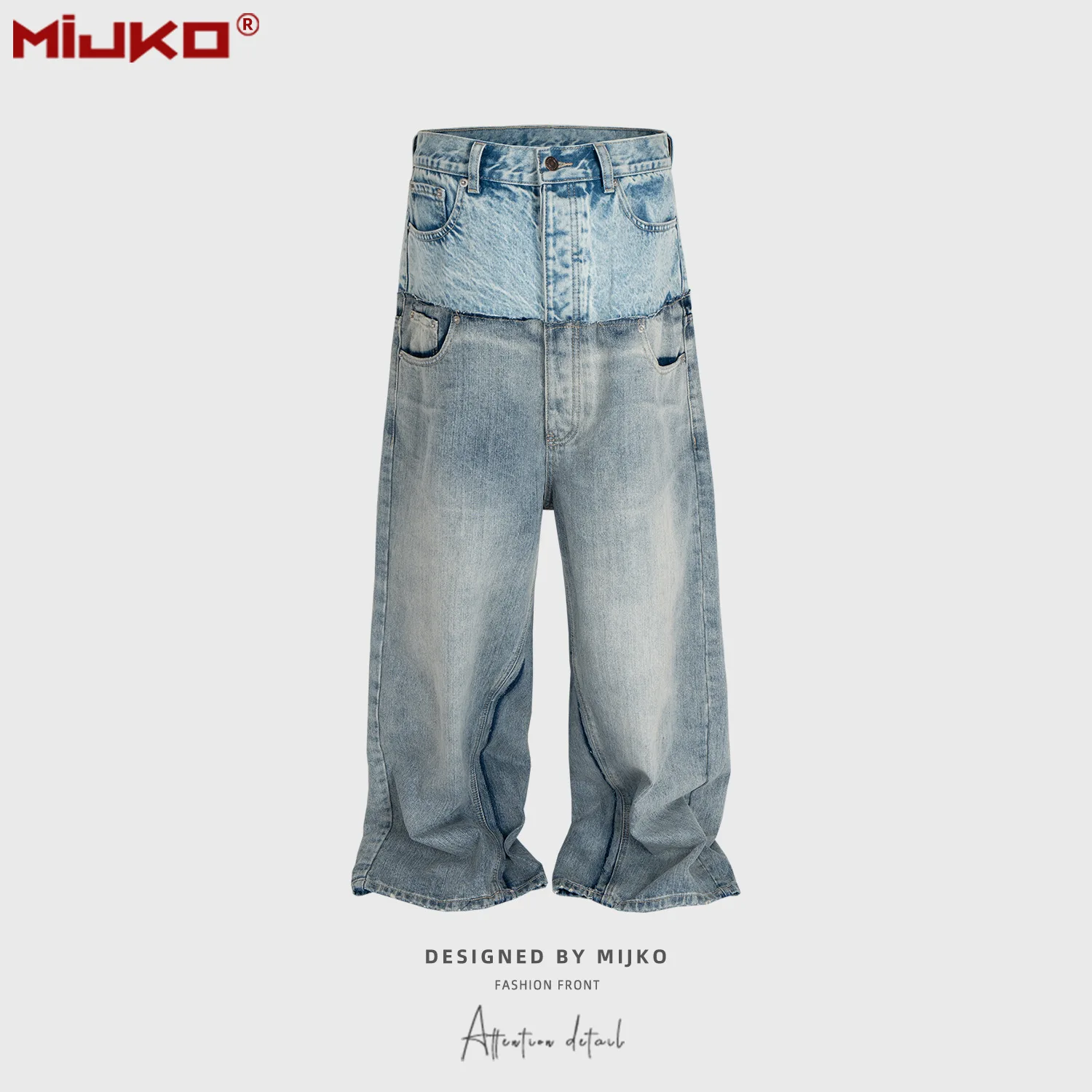 MIJKO Unisex Cut-Up Double Waist Spliced Baggy Jeans Cat Whisker Destruction Double Layer Wide Leg Denim Trousers