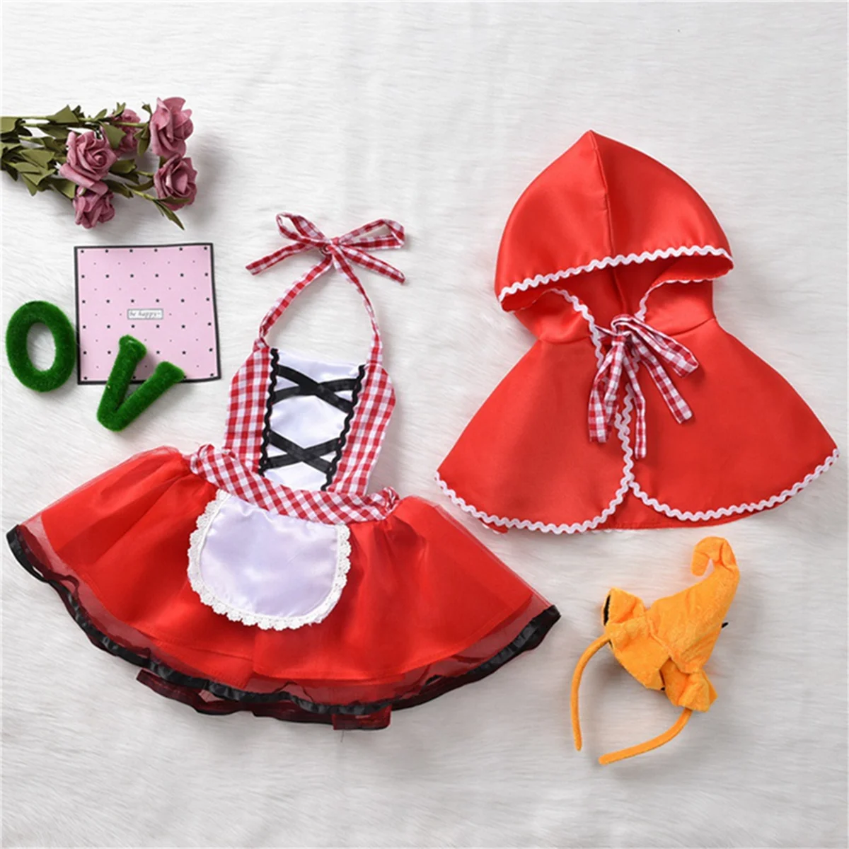 

Newborn Toddler Baby Girls Halter Tutu Romper Dress Red Cloak Little Red Riding Hood Outfits Party Cosplay Costume