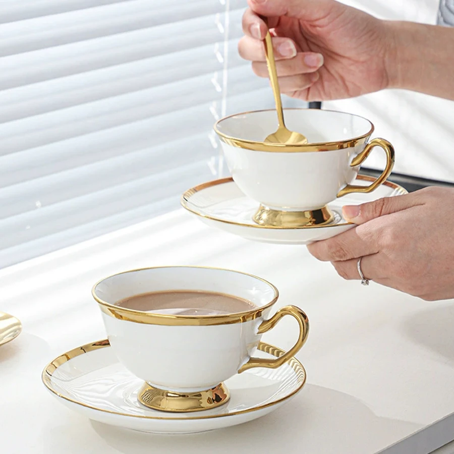 White and Gold Coffee Cup and saucer set Office American afternoon Tea cup Simple Ceramic Cups Hotel Conference Cup with spoon 3