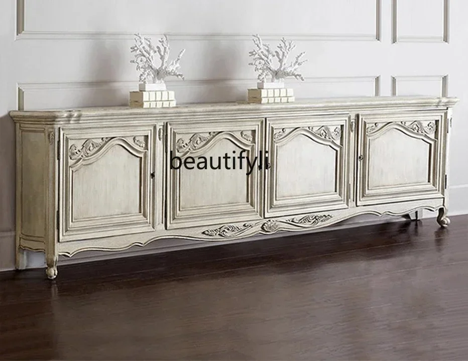 

American oak solid wood dining side cabinet neoclassical carved TV entrance cabinet white retro old decorative cabinet