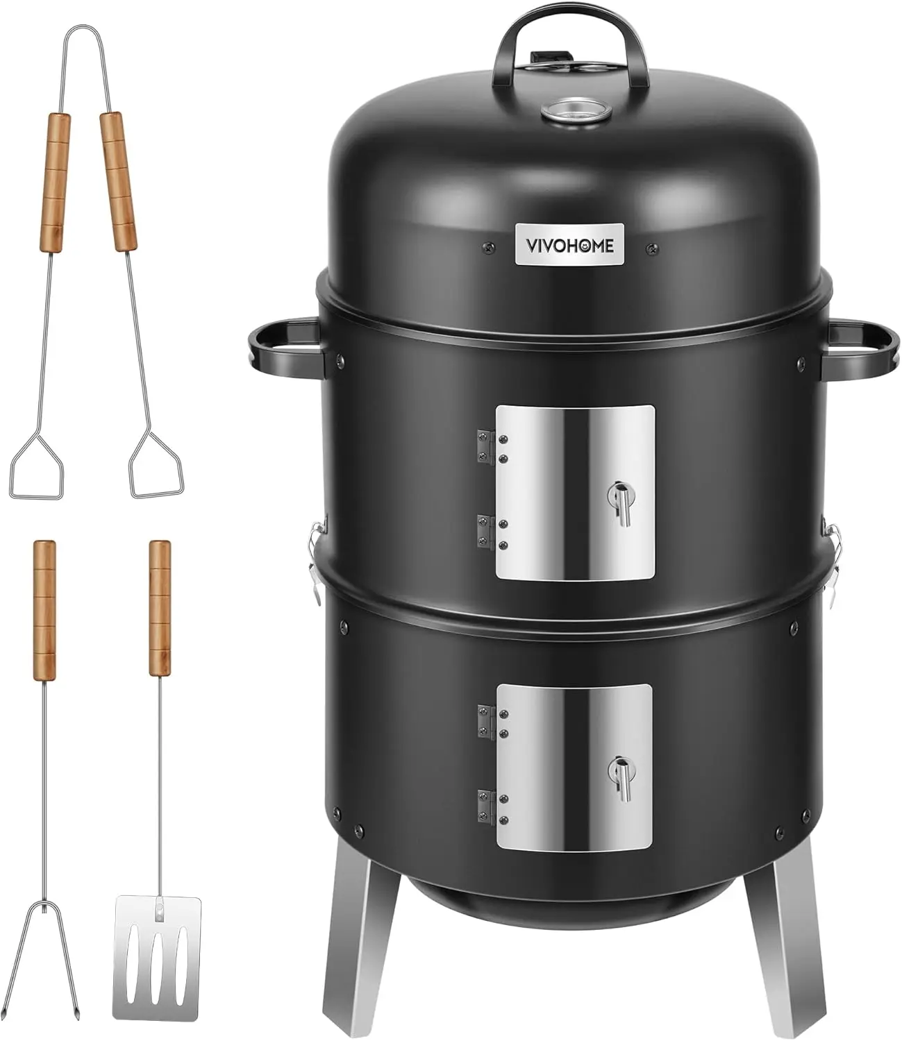 3-in-1 Vertical Charcoal Smoker for Parties and Backyard Barbecues - with Built-in Thermometer, Air Vent, and 2 Access Doors