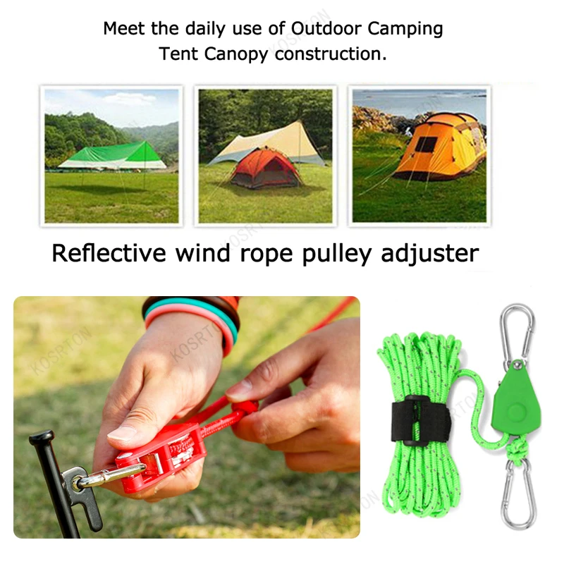 4pcs4m Camping Rope Ground Nail Tent Rope Tensioner Fastener Fixed Buckle Pulley Ratchet Hangers Lights Camping Awning Wind Rope