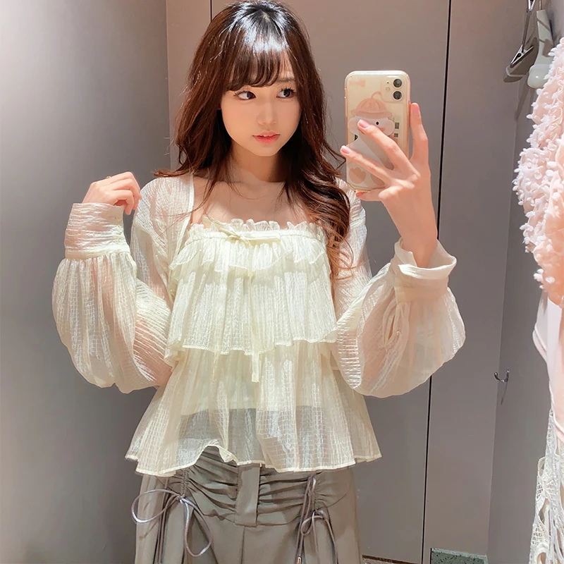 

Spring Summer New Pure Color Sweet Strap Square Collar Lace Trim Micro Translucent Chiffon irt Two Piece Set Women's Faion