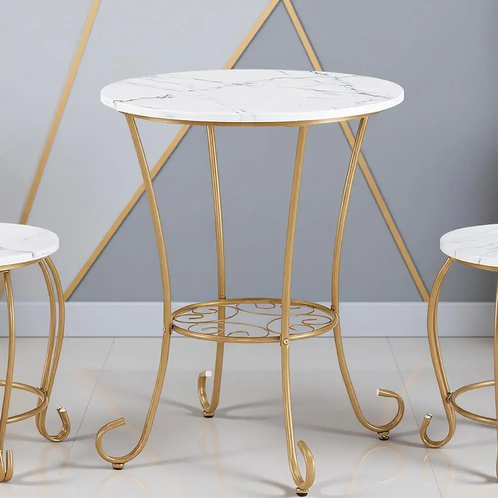 

Vintage French Café Style Marble-Look Indoor Bistro Set with Gold Metal Frame, Round Table and Chairs for Kitchen or Small Apart