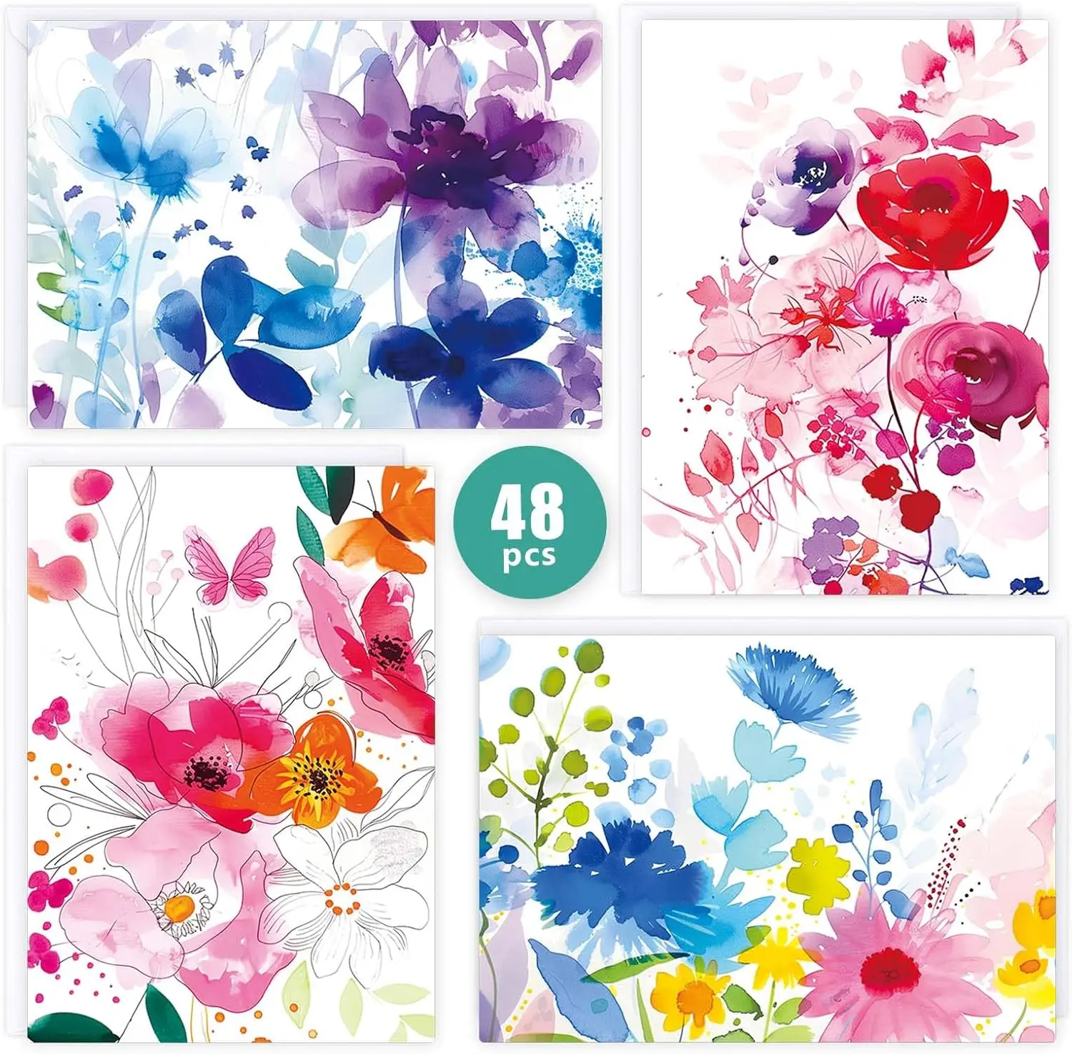 

48 Pack Blank Cards and Envelopes with Watercolor Flowers for All Occasion Greeting Cards