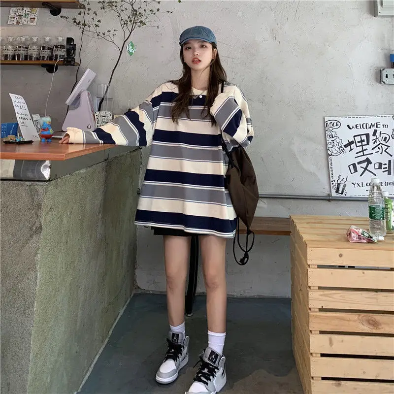 Women Harajuku Pullovers Streetwear Spring Hoodies Striped Oversized Sweatshirt Fashion Couples Matching Long Sleeve Tops