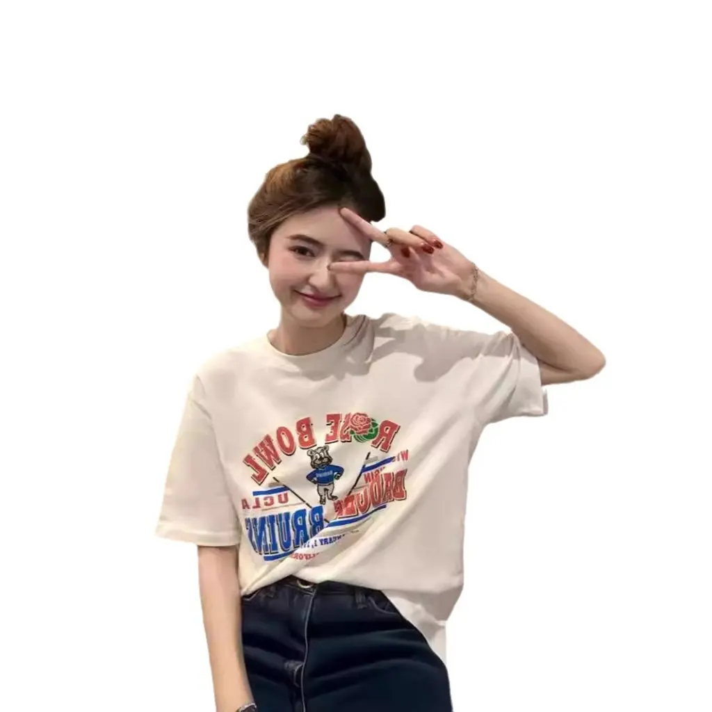 

Женская белая футболка с принтом, летняя футболка в гонконгском стиле с круглым вырезом, топ с короткими рукавами и плечами, свободный дизайн, шикарная американская мода