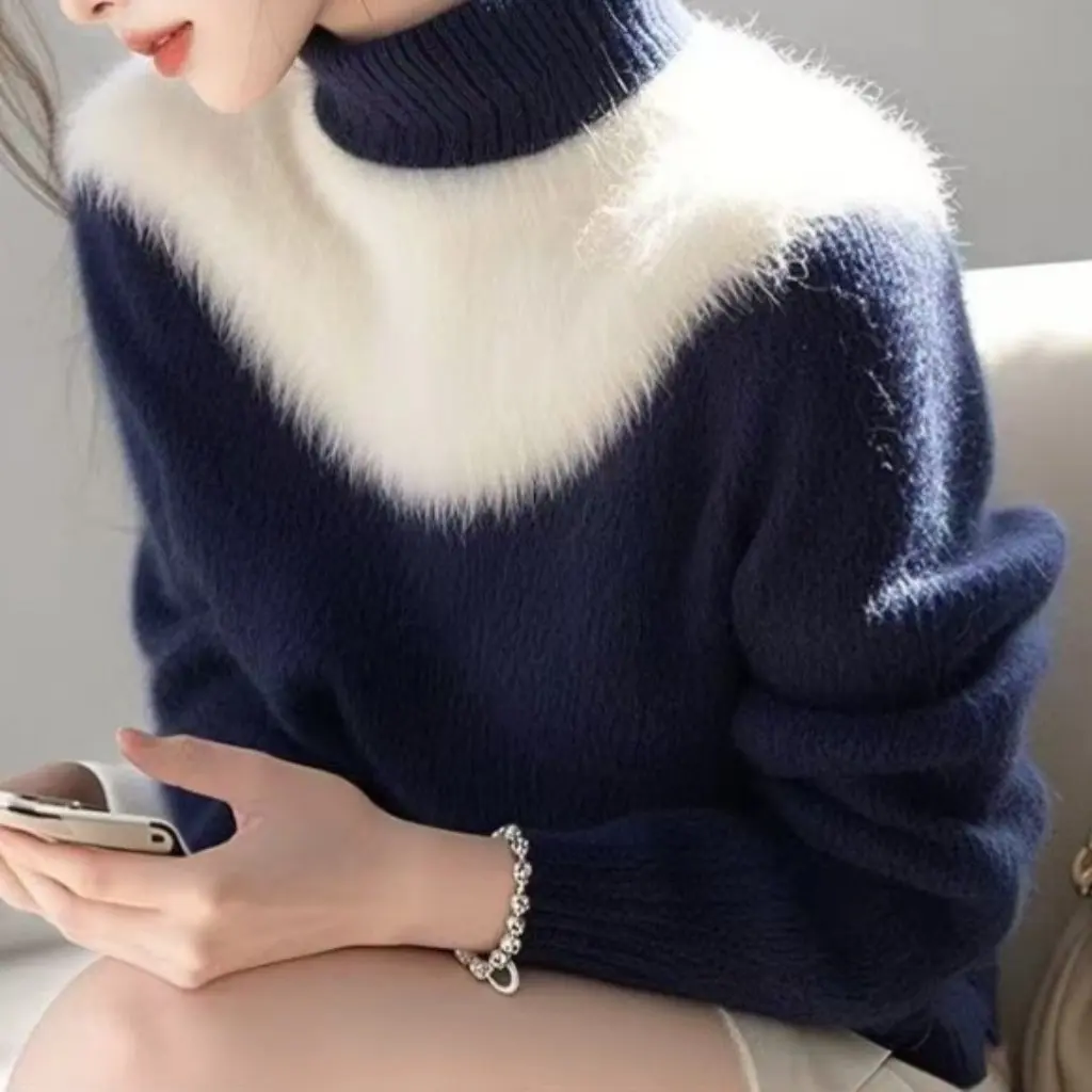 

Женский сине-белый бархатный свитер с имитацией норки, высококачественный топ с полувысоким воротником, зимняя мода