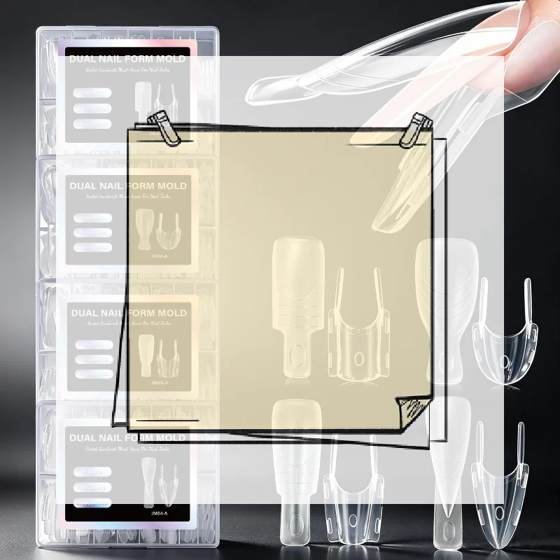 120Pcs Dual Nail Form Mold Sandwich Nail Extension Mold Multiple Shapes Reusable Clear Nail Molds For Salon Home DIY Manicure