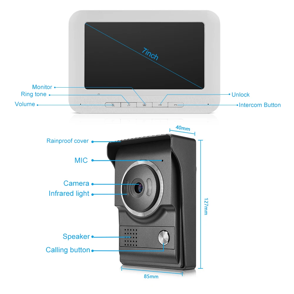 7inch Video Phone Doorbell Intercom Kit TFT-LCD Color Screen 1 Indoor Monitor 1 Outdoor Camera Support Night Vision Waterproof