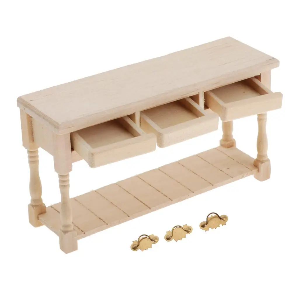 Wooden 1 12 Dollhouse Table with 3 Drawers Miniature Furniture Kit Living Room Decor for Dollhouse Miniatures