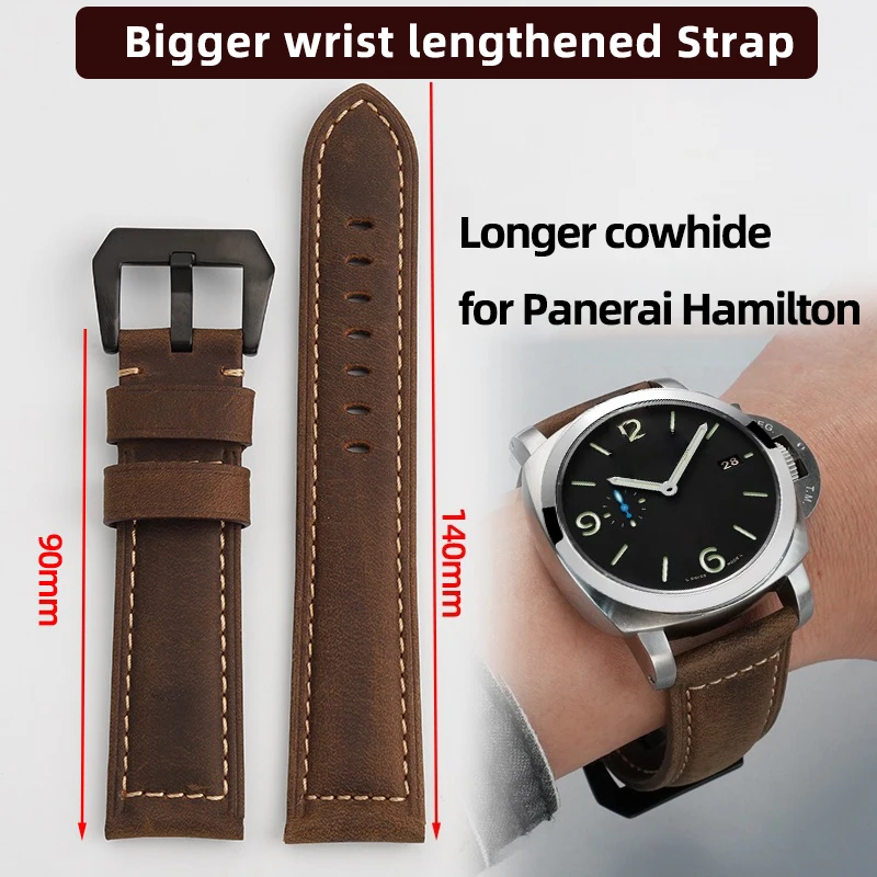 

22mm 24mm Bigger wrist lengthened Strap Men Retro cowhide Watchband Fat Hands Thick XXL Longer cowhide for Panerai Hamilton