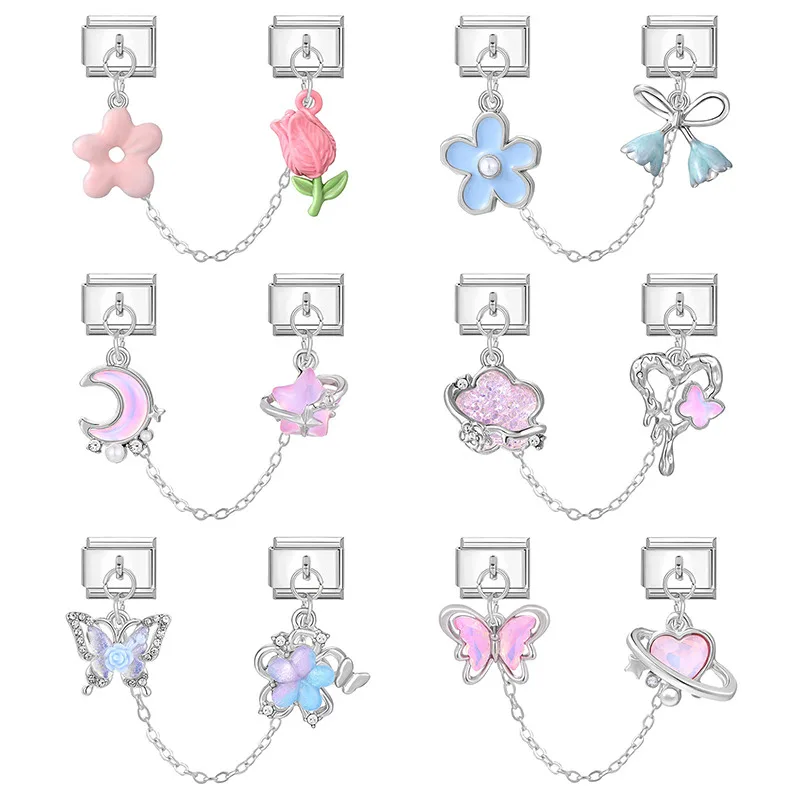 Y2K كريستال ستار القمر فراشة قنديل البحر شرابة سلسلة الإيطالية سحر الروابط صالح 9 مللي متر سوار الفولاذ المقاوم للصدأ DIY بها بنفسك صنع المجوهرات #1