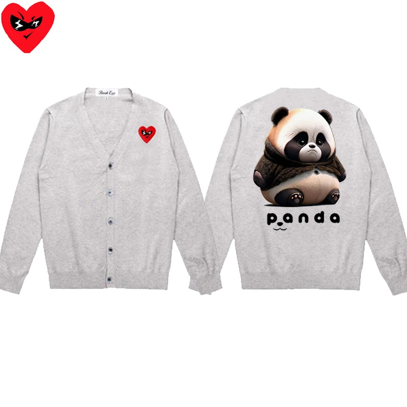 Fat Panda Cartoon Animal Print Men Cardigan Cotton Red Cute Glasses Heart Embroidery V-Neck Single Breasted Autumn Fit Sweater