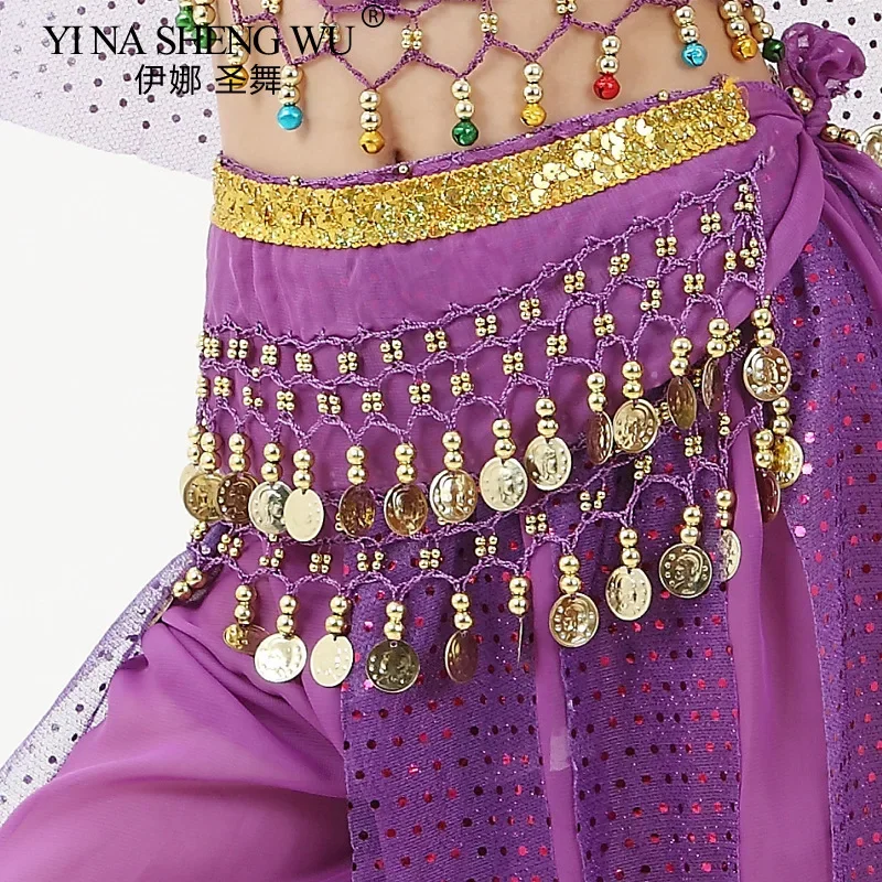 เข็มขัดเต้นระบำหน้าท้องแบบอินเดีย บอแลวี พร้อมเหรียญโลหะ ผ้าคาดเอวสีแดง อุปกรณ์เต้นสำหรับเด็กผู้หญิง