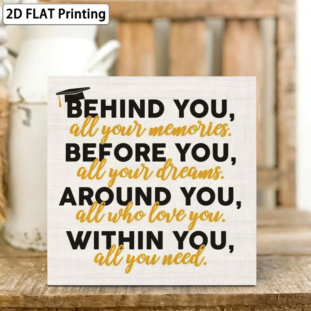 5x5 Inch Graduation Quote Box Sign 'Behind You All Memories' - Inspirational Wooden Plaque Perfect Graduation Keepsake Gift for