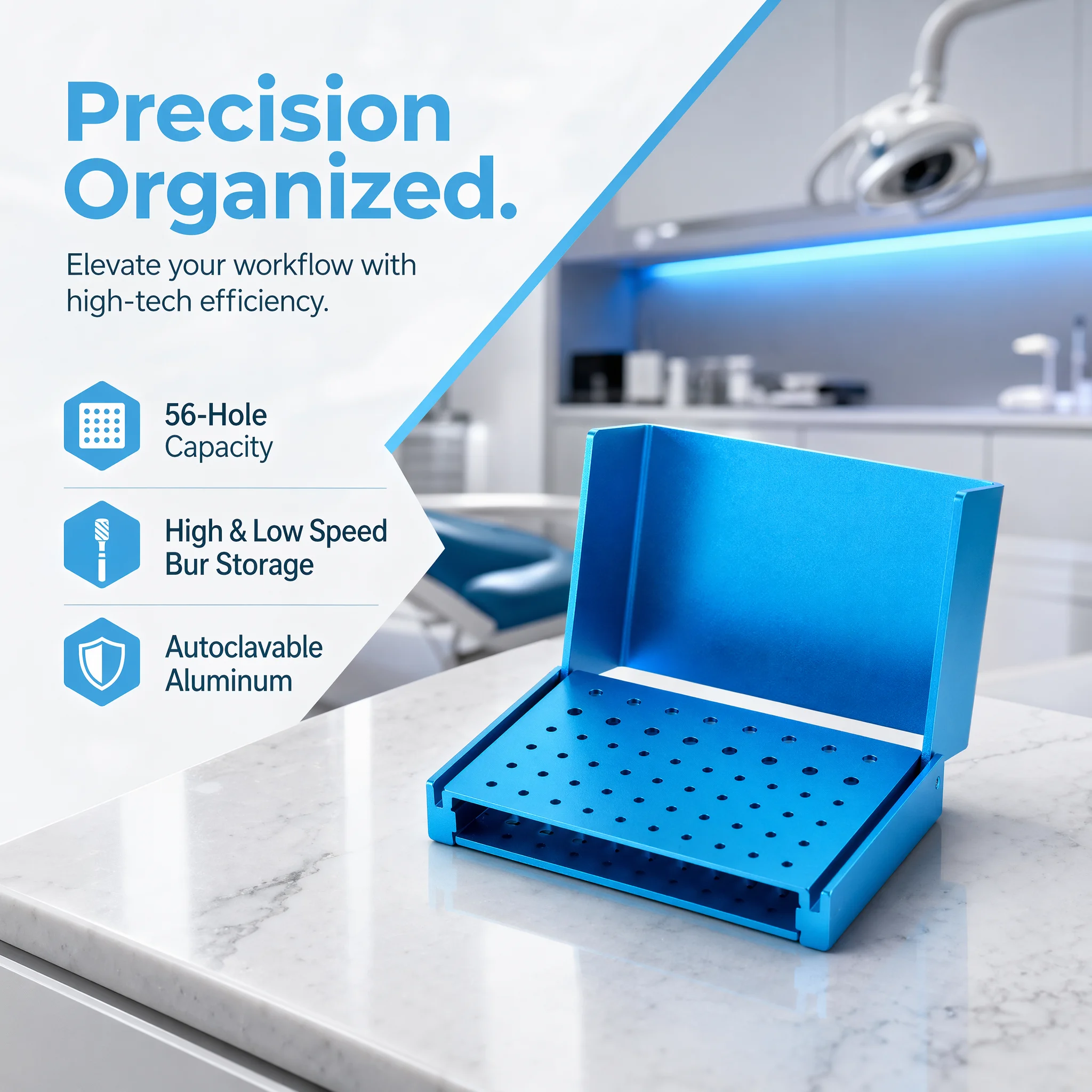 56 Holes Dental Burs Holder Burs Cleaning Stand Box Case 135℃  Autoclave Aluminum Sterilizable for FG RA Burs Dentistry