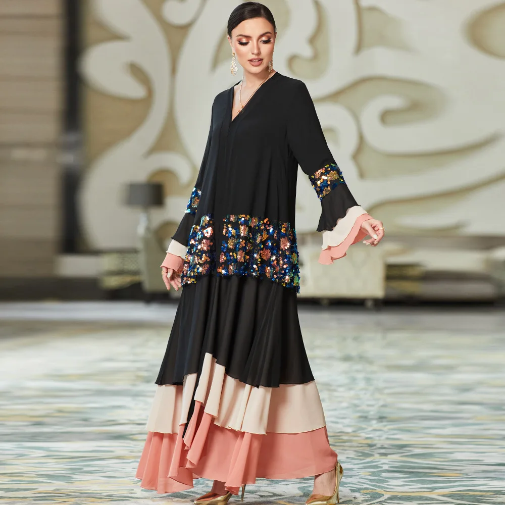 Mew Kimono ouvert Abaya paillettes Cardigan femmes musulmanes ceinture Robe dubaï turquie caftan Eid Ramadan Jalabiya Robe à volants Abayas Robe