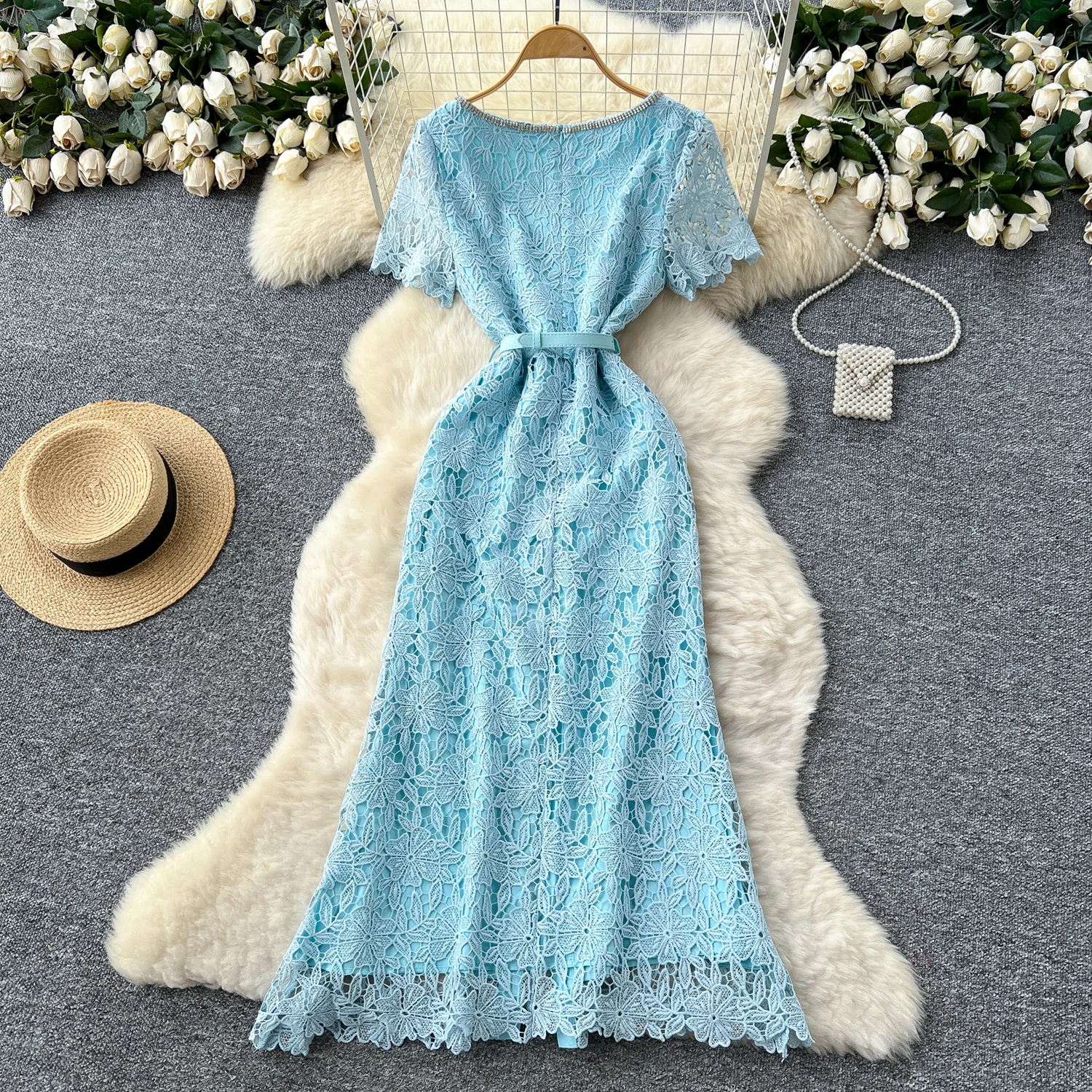 Chic vintage square neck Ruched short sleeve slim Elegant Fairy korean fashion Boho Sundress women clothing Long dress