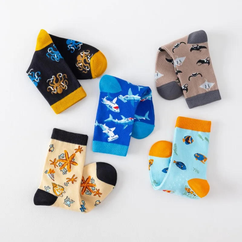 5 Pairs Women's Cartoon Ocean Print Socks Set - Shark Octopus Starfish Mid-Calf Cotton Soft Casual Socks for Daily Wear