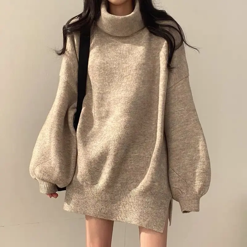 

Turtleneck Knitwear Top Hem Split Women's Autumn Winter Long Sleeve Lazy Gray Warm Sweater Comfortable Loose Fit Jumpers Inners