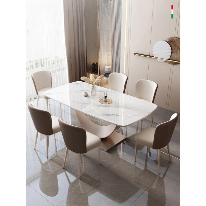 

Light luxury bright rock slab dining table and chair combination modern simple small apartment family living room rectangular