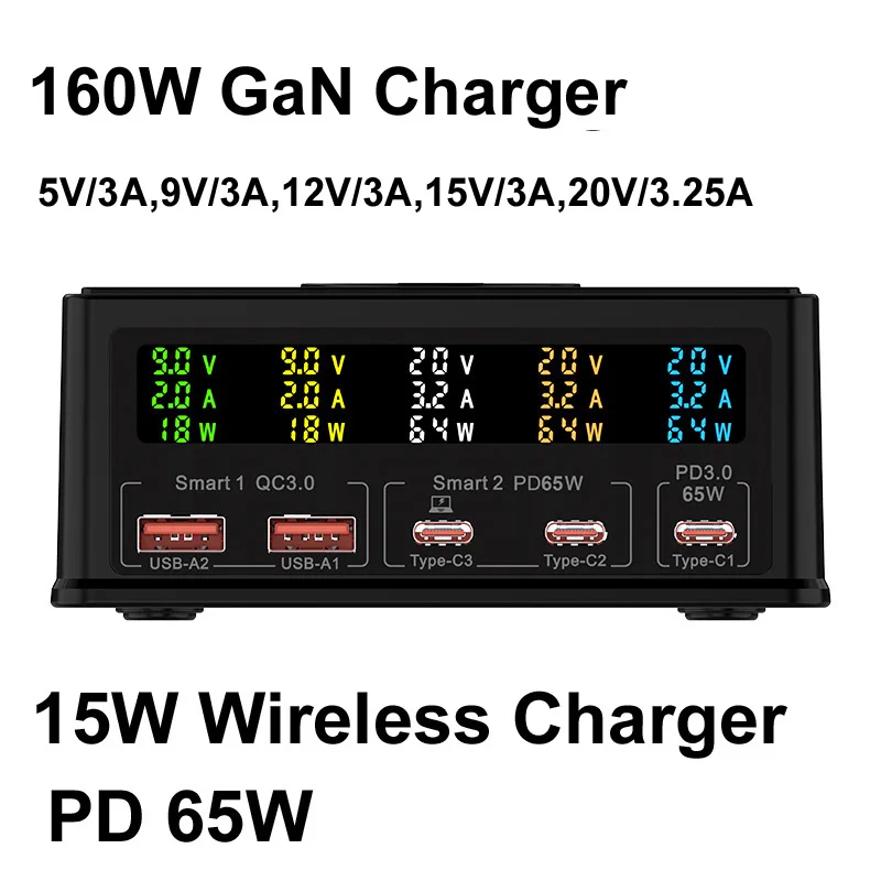 160W GaN USB Charger Station PD 65W TYPE C 65W Fast charger Hub USB C QC3.0+15W Wireless Charger For Phone Laptop Notebook