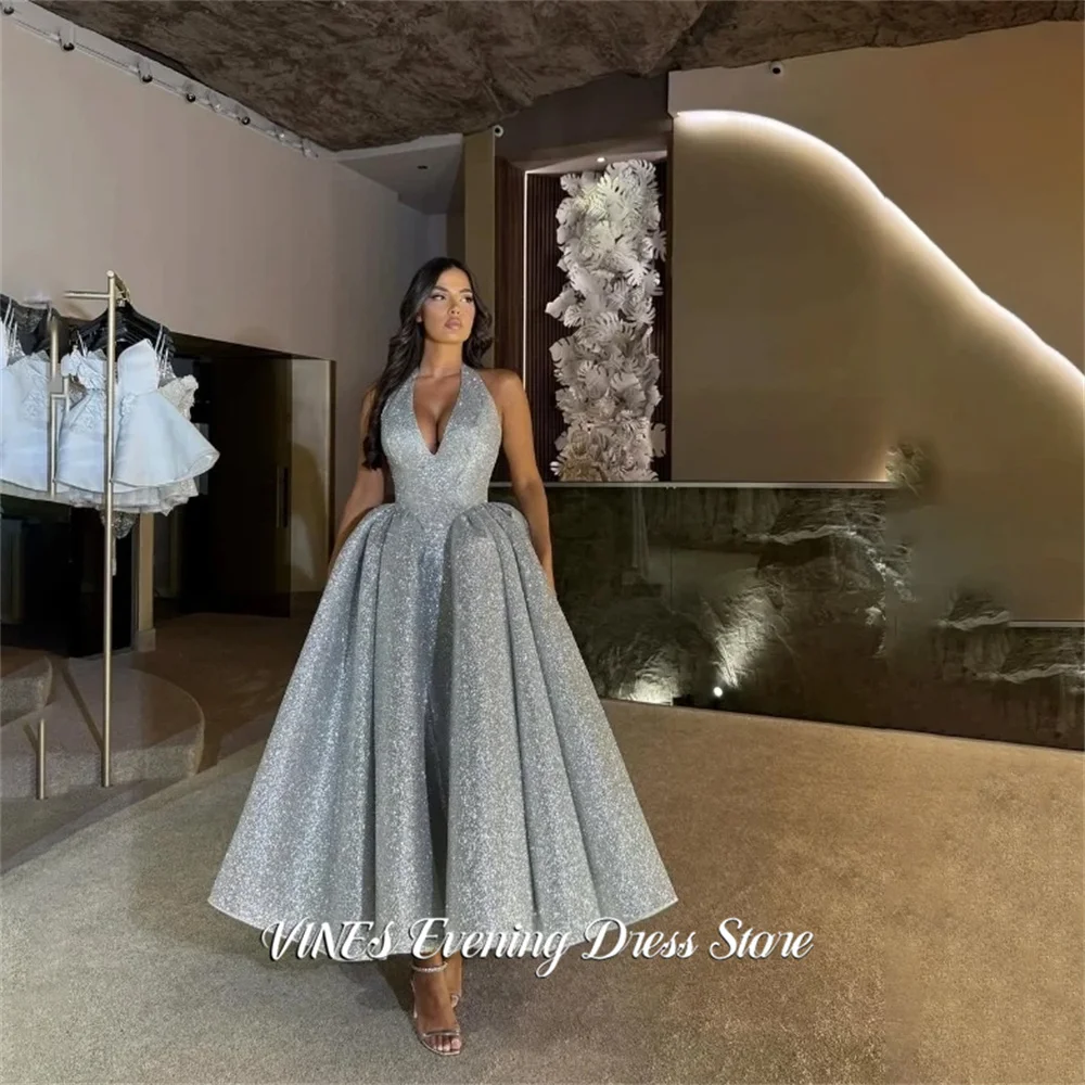 

VINES Silver Halter Prom Dresses V Neck Sleeveless Gala Dress with Sparkling Glitter Saudi Arabic Evening Party Gown Customized