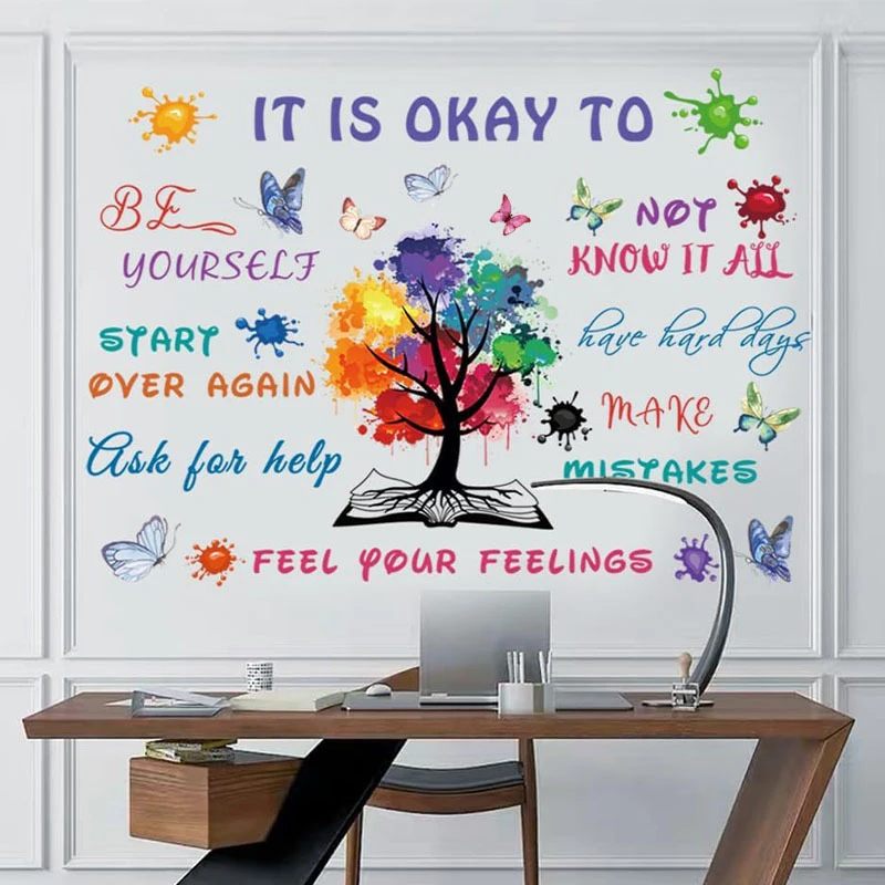 Colorful Inspirational Quotes Wall Stickers Wisdom Tree Children's Room Classroom Decoration Painting Self-adhesive Wall Sticker