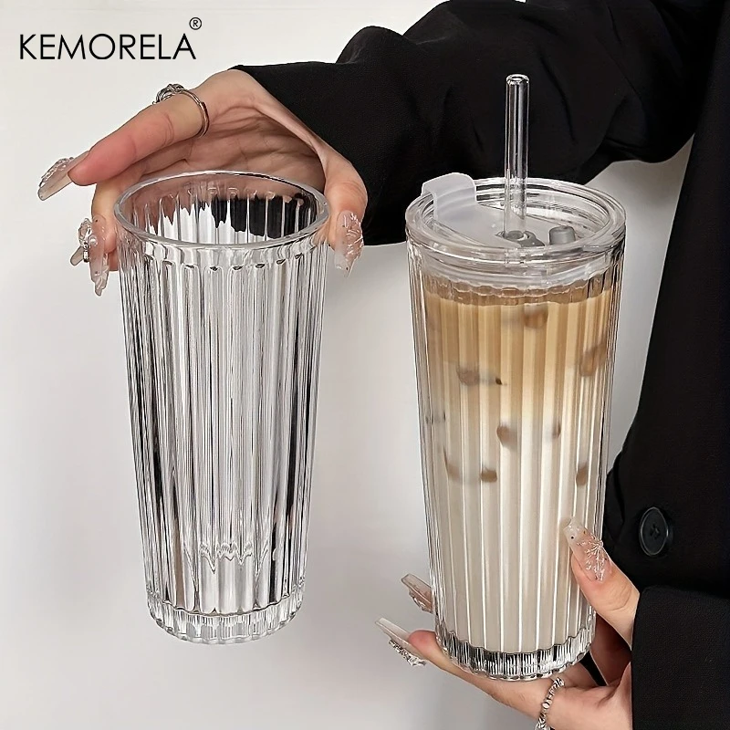 1 Stück Kristallgitter-Glasbecher mit Strohhalm und Deckel, Diamant- oder vertikale Streifenstruktur, große Kapazität, wiederverwendbarer Becher für Eiskaffee