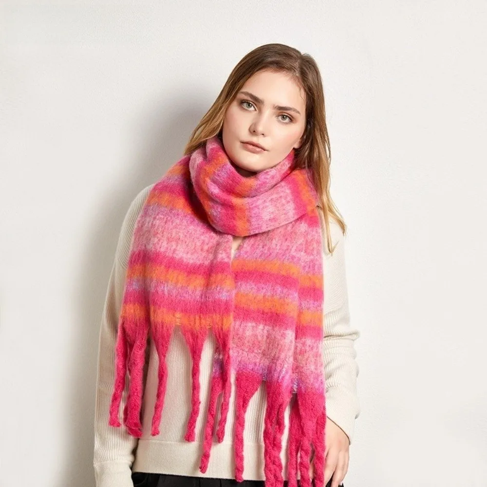 Eleganter Regenbogen-Streifen Wollschal mit Quasten, Plüsch-Winter-Kaschmirschal, Mohair, Warmer Langer Schal für Herren – Detail 12