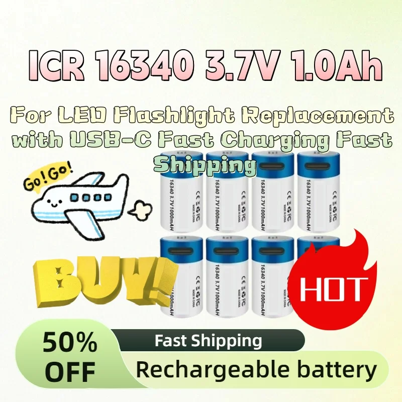 

2PCS ICR 16340 3.7V 1000mAh Rechargeable Li-Ion Battery for LED Flashlight Replacement with USB-C Fast Charging Fast Shipping