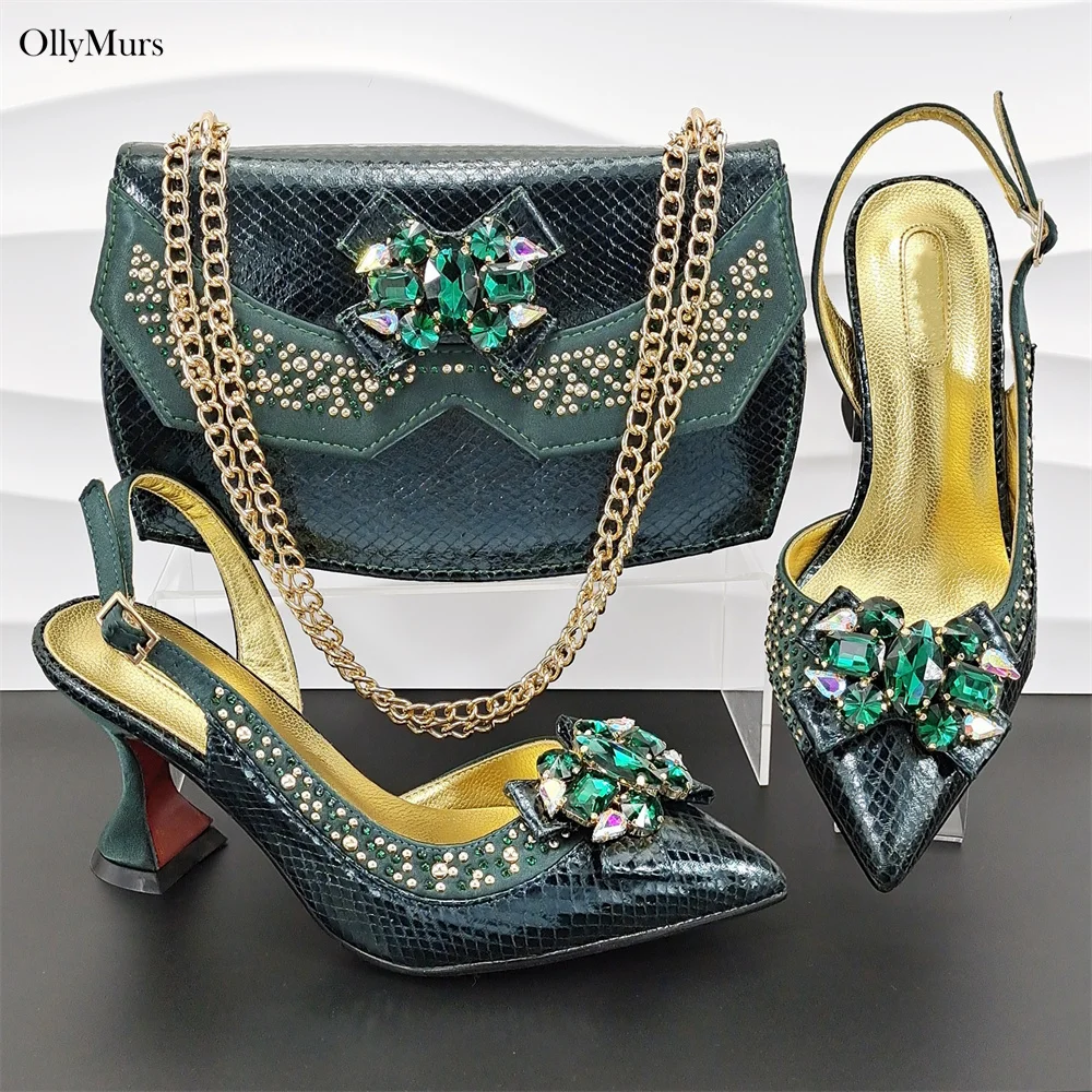 

African Elegant Rhinestone Hig Heels Shoes And Bags Set For Wedding New Italian Green Woman Pumps Shoes And Bagst For Party