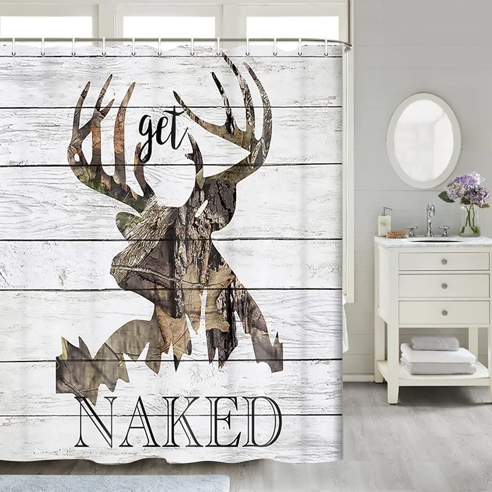 Get Buck Naked Forest Bathroom Shower Curtain Watercolor Nature Foggy Misty Pine Tree Fir Landscape Woodland Waterproof Fabric