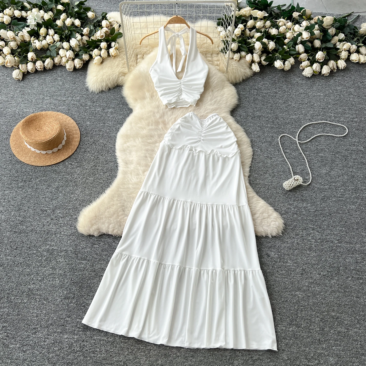

Sexy Two Pieces Sets Chic sleeveless solid Top Fashion Hotsweet High Waist Wide women clothing