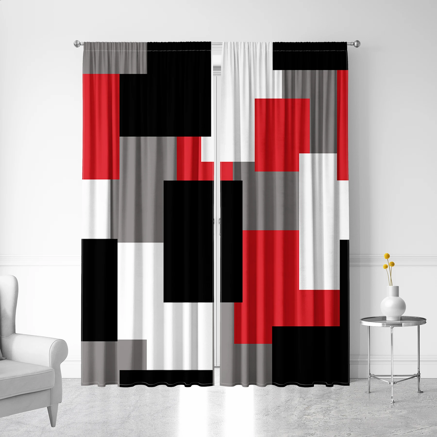 Home Decoration Curtain Charm Geometric Fashion Elements Grid Printed Curtain Set, Suitable For Bedroom Garden Balcony