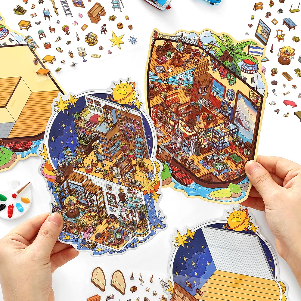 Kawaii 3D Little Corner Van Gogh Studio Landscape Sticker DIY  Pocket Cabin  Scene Halloween Children's Toys gifts