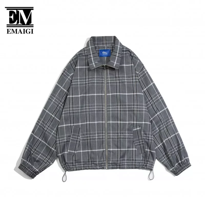 

Men Japan Streetwear Fashion Loose Casual Vintage Gray Plaid Cargo Jacket Women Spring Autumn Coat Couple Unisex Outerwear