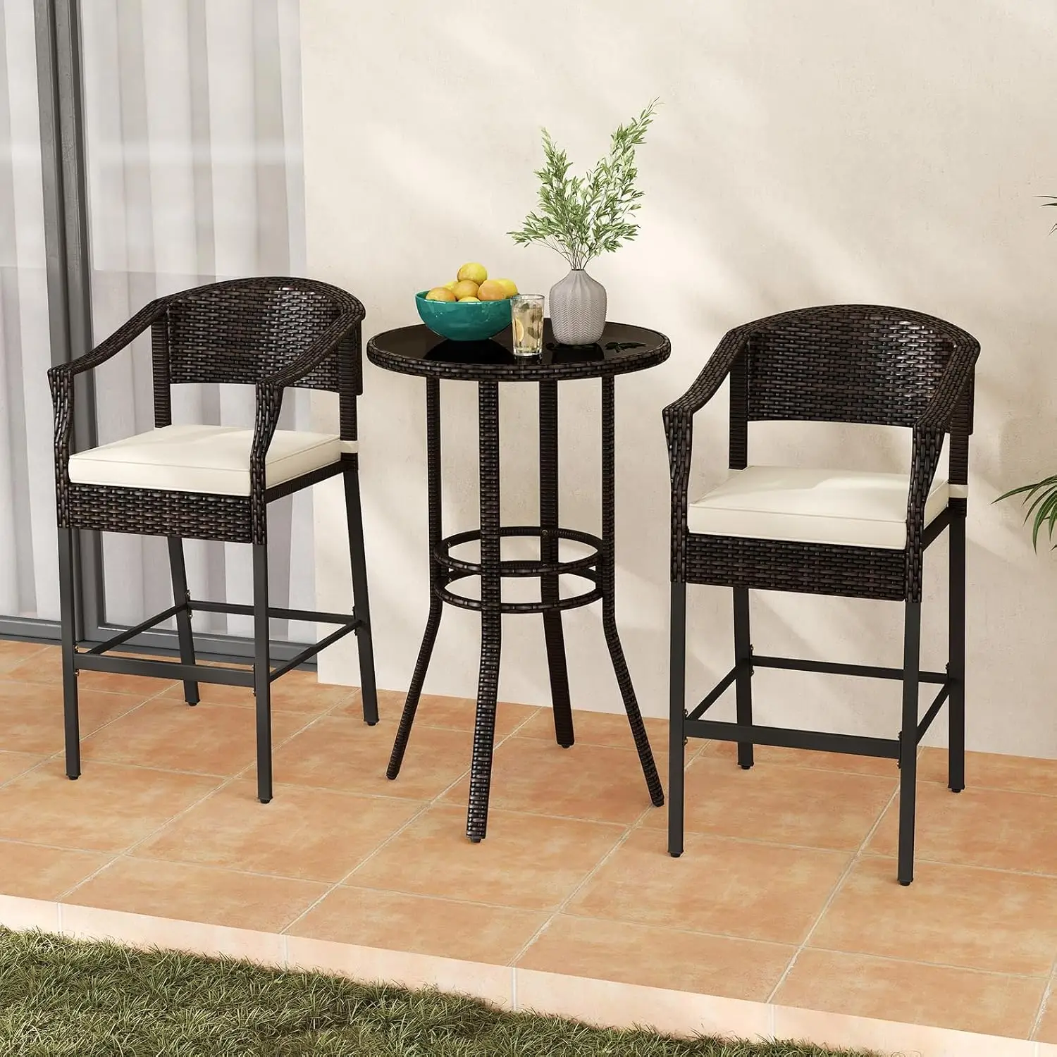 #3-Piece Outdoor Bar Set Rattan Barstools w/Cushions Footrest Glass Top Bistro Table Pool Porch Balcony, Customized